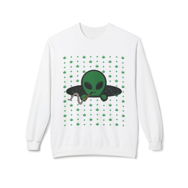 Green Alien Portal Sweatshirt t features a green alien popping out of a black hole smoking a blunt. weed pattern behind alien