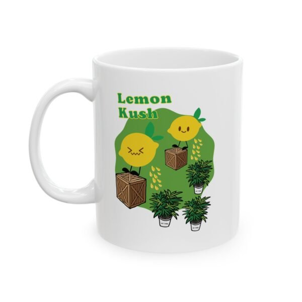 12253390932070988887_2048.jpeg This Lemon Kush Mug features two weed leaves two lemons standing on boxes squirting lemon juice on weed plants like they are peeing on them. "Lemon Kush is written above the lemons with a green background.
