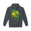 This Lemon Kush hoodie features two weed leaves two lemons standing on boxes squirting lemon juice on weed plants like they are peeing on them. "Lemon Kush is written above the lemons with a green background.