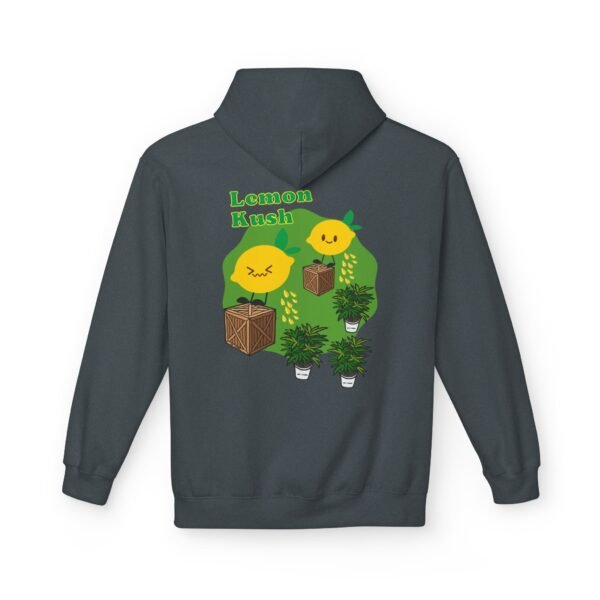 This Lemon Kush hoodie features two weed leaves two lemons standing on boxes squirting lemon juice on weed plants like they are peeing on them. "Lemon Kush is written above the lemons with a green background.