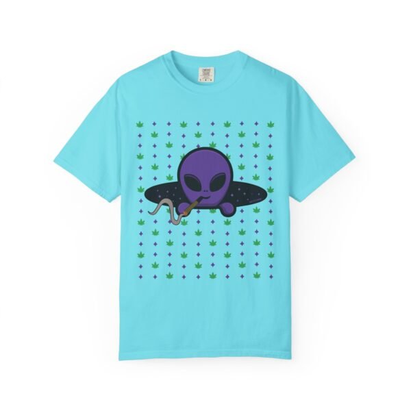 12296748082981958191_2048.jpeg Purple Alien Portal T-shirt features a purple alien popping out of a black hole smoking a blunt. weed pattern behind alien