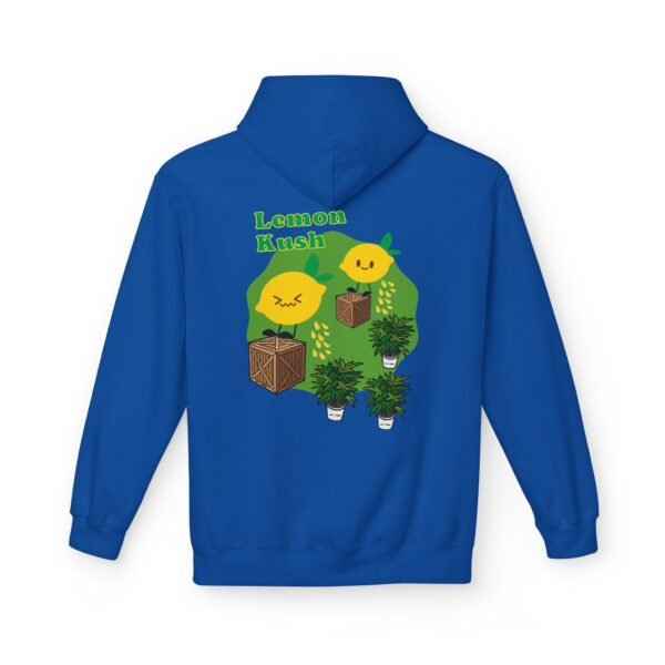 This Lemon Kush hoodie features two weed leaves two lemons standing on boxes squirting lemon juice on weed plants like they are peeing on them. "Lemon Kush is written above the lemons with a green background.