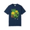 This Lemon Kush T-shirt features two weed leaves two lemons standing on boxes squirting lemon juice on weed plants like they are peeing on them. "Lemon Kush is written above the lemons with a green background.