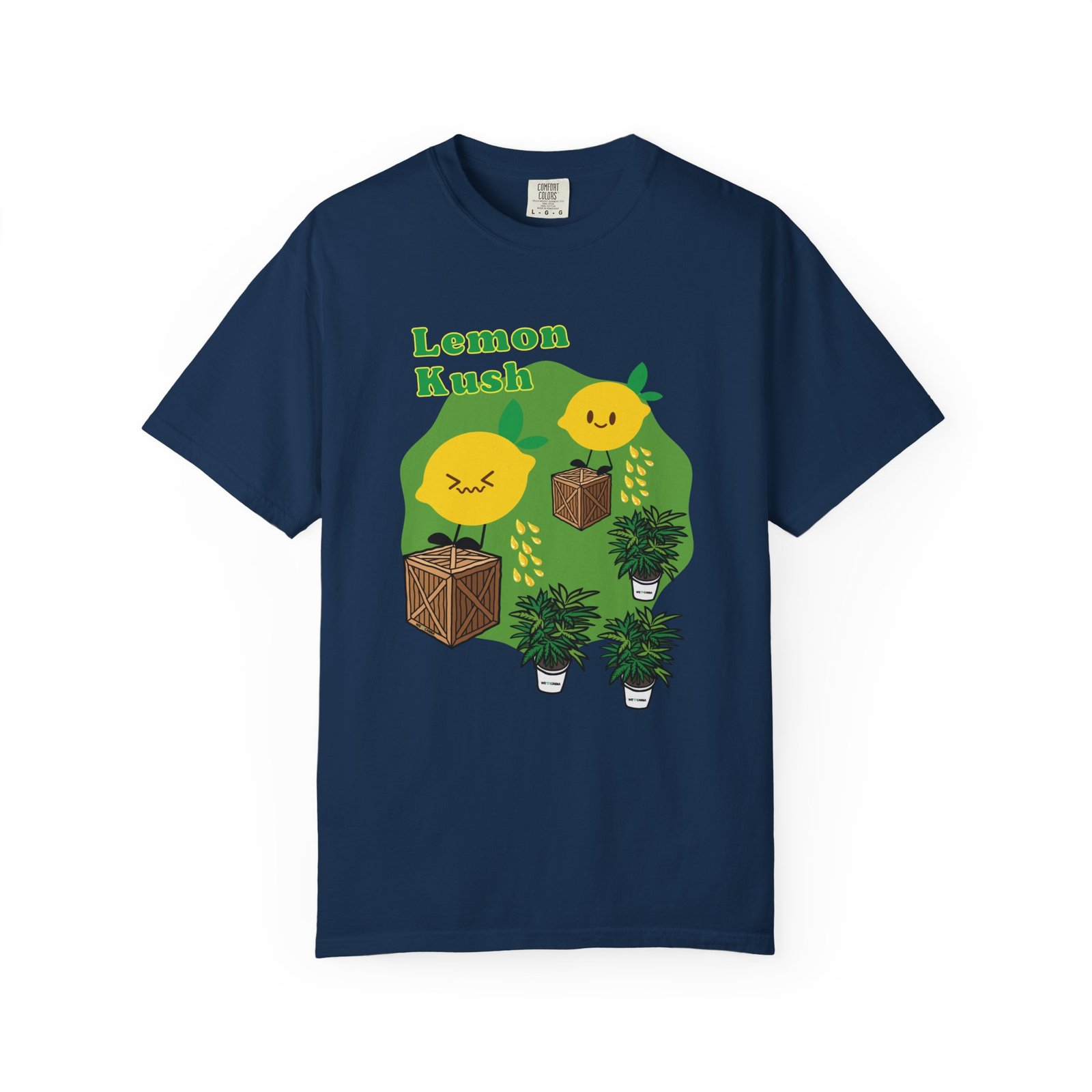 This Lemon Kush T-shirt features two weed leaves two lemons standing on boxes squirting lemon juice on weed plants like they are peeing on them. "Lemon Kush is written above the lemons with a green background.
