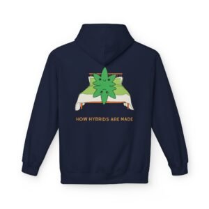 This how hybrids are made hoodie features two weed leaves laying in bed on top of each other with "How Hybrids Are Made" written below