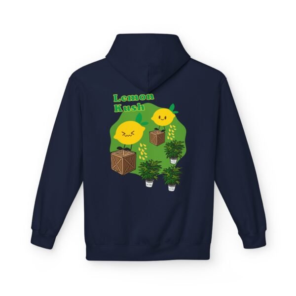 This Lemon Kush hoodie features two weed leaves two lemons standing on boxes squirting lemon juice on weed plants like they are peeing on them. "Lemon Kush is written above the lemons with a green background.