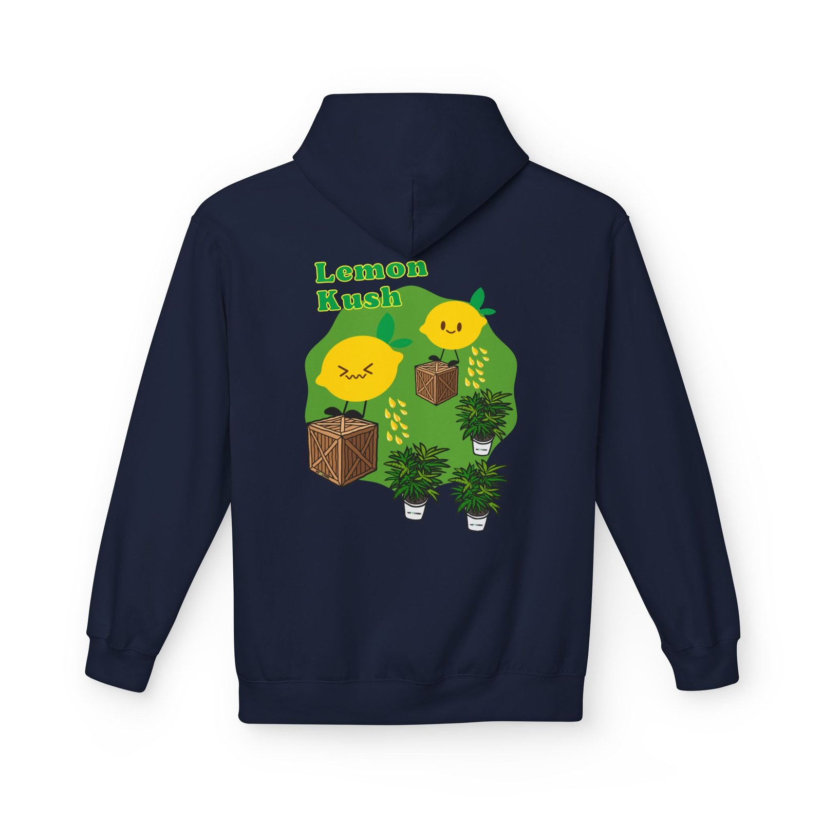 This Lemon Kush hoodie features two weed leaves two lemons standing on boxes squirting lemon juice on weed plants like they are peeing on them. "Lemon Kush is written above the lemons with a green background.