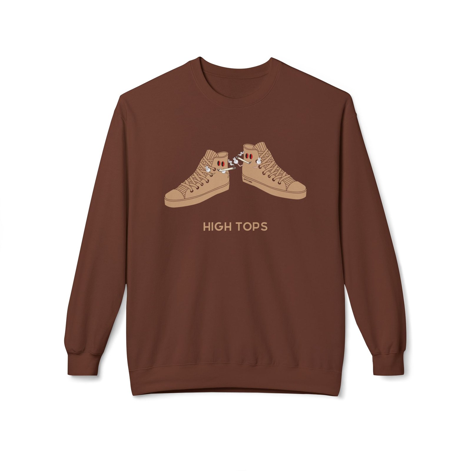 This high tops crewneck sweatshirt features two tan high tops smoking joints with 'High Tops' written below in same color tan
