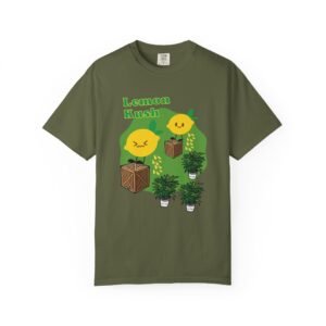 This Lemon Kush T-shirt features two weed leaves two lemons standing on boxes squirting lemon juice on weed plants like they are peeing on them. "Lemon Kush is written above the lemons with a green background.