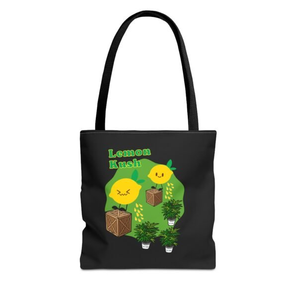 This Lemon Kush tote bag features two weed leaves two lemons standing on boxes squirting lemon juice on weed plants like they are peeing on them. "Lemon Kush is written above the lemons with a green background.