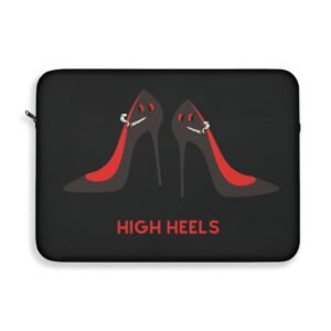 This high heels laptop sleeve features two grey high heels smoking joints with 'High Heels' written below in red.