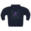 Purple Alien Portal zip up features a purple alien popping out of a black hole smoking a blunt. weed pattern behind alien