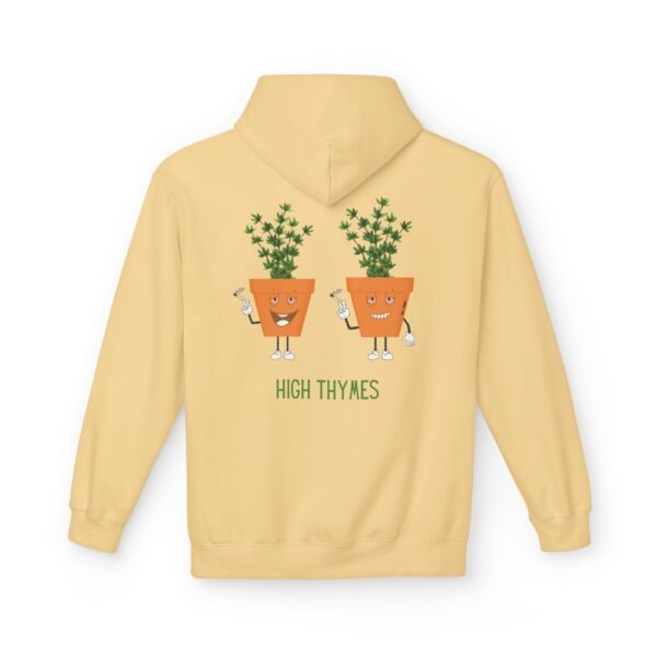 This high thymes hoodie features two thyme plants smoking joints with 'High Thymes' written below in green