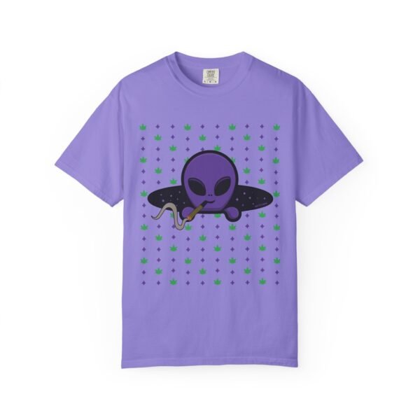 12931196008697890966_2048.jpeg Purple Alien Portal T-shirt features a purple alien popping out of a black hole smoking a blunt. weed pattern behind alien
