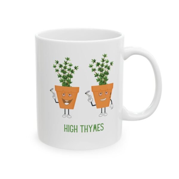 This high thymes mugs features two thyme plants smoking joints with 'High Thymes' written below in green