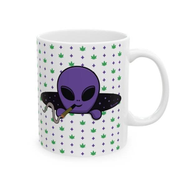 Purple Alien Portal Mug features a purple alien popping out of a black hole smoking a blunt. weed pattern behind alien