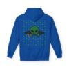 Green Alien Portal Hoodie features a green alien popping out of a black hole smoking a blunt. weed pattern behind alien