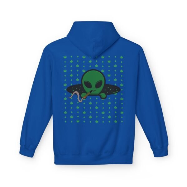 Green Alien Portal Hoodie features a green alien popping out of a black hole smoking a blunt. weed pattern behind alien
