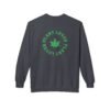 This plant lover weed leaf sweatshirt features a bold weed leaf design with 'Plant Lover' written around it, all in a green color same as the weed leaf itself.