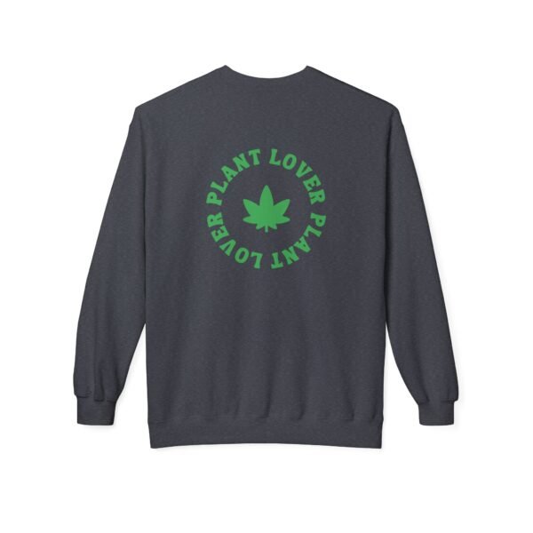 This plant lover weed leaf sweatshirt features a bold weed leaf design with 'Plant Lover' written around it, all in a green color same as the weed leaf itself.