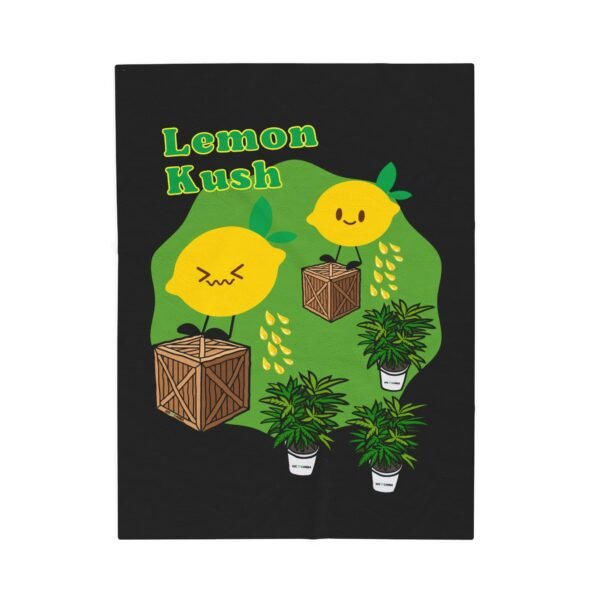 This Lemon Kush blanket features two weed leaves two lemons standing on boxes squirting lemon juice on weed plants like they are peeing on them. "Lemon Kush is written above the lemons with a green background.