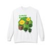 This Lemon Kush Sweatshirt features two weed leaves two lemons standing on boxes squirting lemon juice on weed plants like they are peeing on them. "Lemon Kush is written above the lemons with a green background.