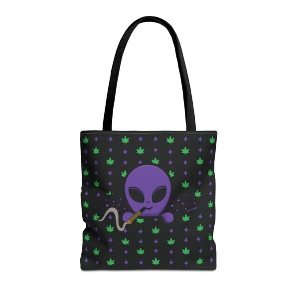 Purple Alien Portal tote bag features a purple alien popping out of a black hole smoking a blunt. weed pattern behind alien