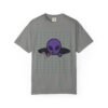 13463504482621551273_2048.jpeg Purple Alien Portal T-shirt features a purple alien popping out of a black hole smoking a blunt. weed pattern behind alien