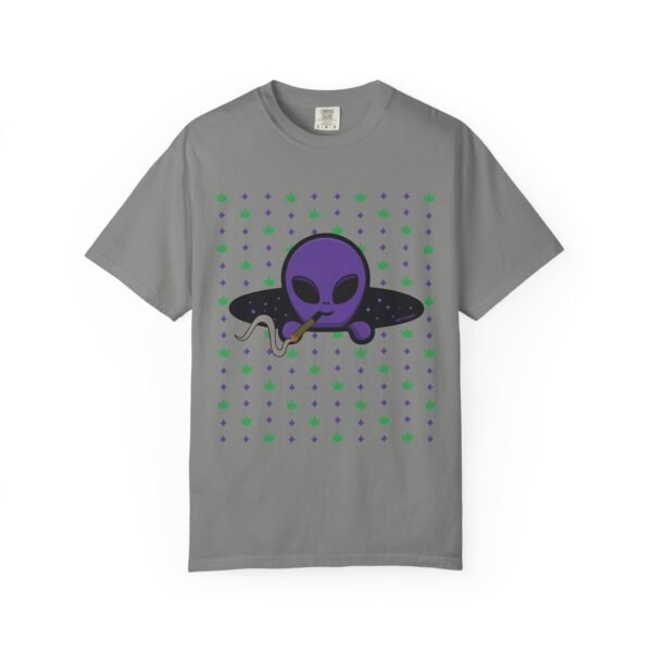 13463504482621551273_2048.jpeg Purple Alien Portal T-shirt features a purple alien popping out of a black hole smoking a blunt. weed pattern behind alien