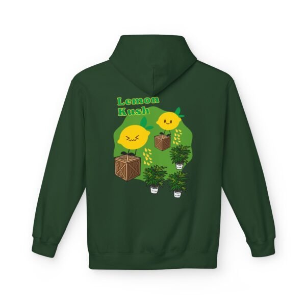 This Lemon Kush hoodie features two weed leaves two lemons standing on boxes squirting lemon juice on weed plants like they are peeing on them. "Lemon Kush is written above the lemons with a green background.