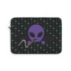 Purple Alien Portal laptop sleeve features a purple alien popping out of a black hole smoking a blunt. weed pattern behind alien