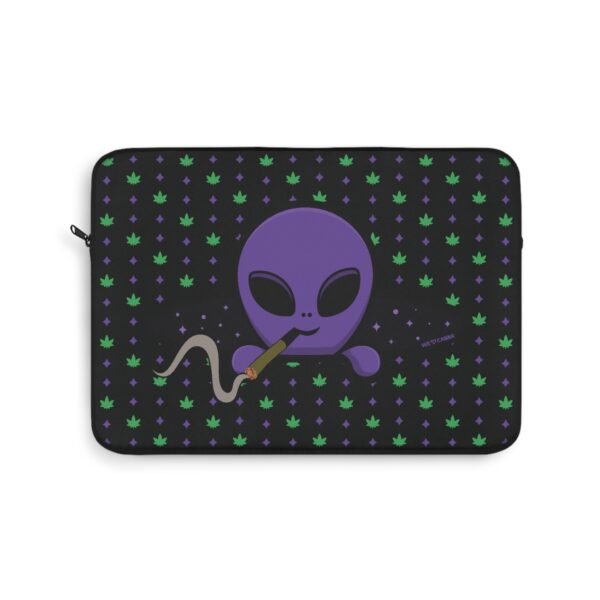 Purple Alien Portal laptop sleeve features a purple alien popping out of a black hole smoking a blunt. weed pattern behind alien
