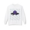 Purple Alien Portal sweatshirt features a purple alien popping out of a black hole smoking a blunt. weed pattern behind alien
