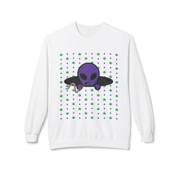 Purple Alien Portal sweatshirt features a purple alien popping out of a black hole smoking a blunt. weed pattern behind alien