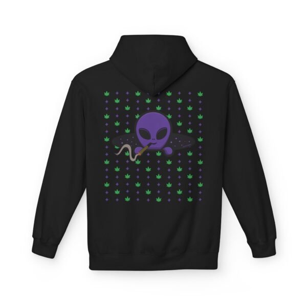 Purple Alien Portal zip up features a purple alien popping out of a black hole smoking a blunt. weed pattern behind alien