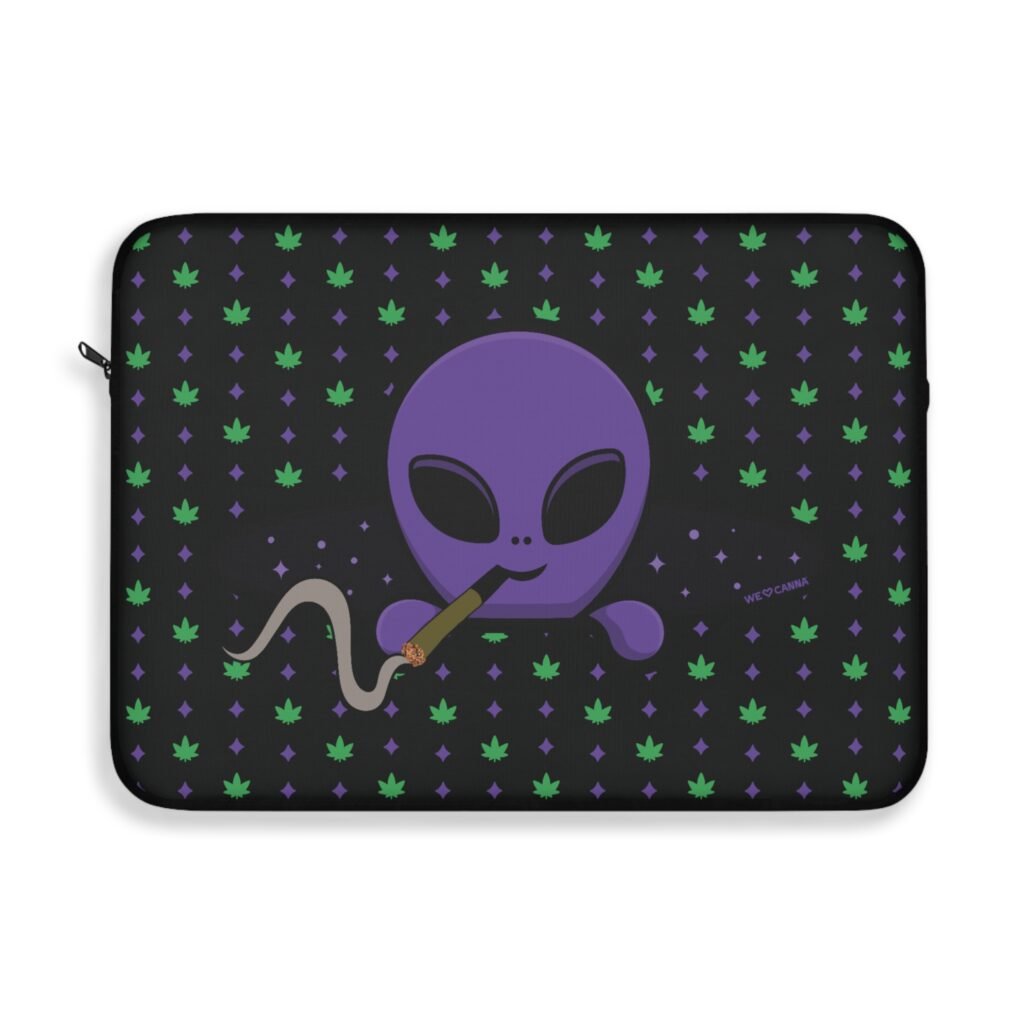 Purple Alien Portal laptop sleeve features a purple alien popping out of a black hole smoking a blunt. weed pattern behind alien
