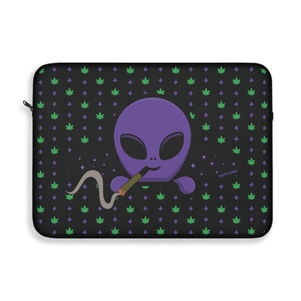 Purple Alien Portal laptop sleeve features a purple alien popping out of a black hole smoking a blunt. weed pattern behind alien