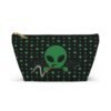 Green Alien Portal T-Bottom Bag features a green alien popping out of a black hole smoking a blunt. weed pattern behind alien