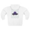 Purple Alien Portal zip up features a purple alien popping out of a black hole smoking a blunt. weed pattern behind alien