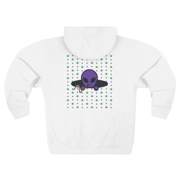 Purple Alien Portal zip up features a purple alien popping out of a black hole smoking a blunt. weed pattern behind alien