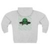 Green Alien Portal Zip up features a green alien popping out of a black hole smoking a blunt. weed pattern behind alien