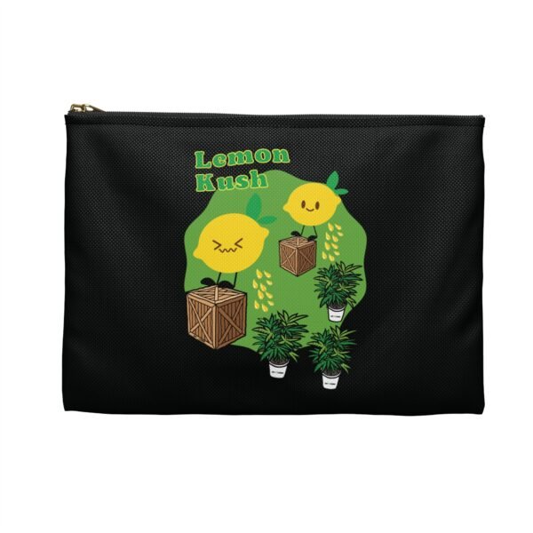 This Lemon Kush accessory pouch features two weed leaves two lemons standing on boxes squirting lemon juice on weed plants like they are peeing on them. "Lemon Kush is written above the lemons with a green background.