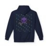 Purple Alien Portal zip up features a purple alien popping out of a black hole smoking a blunt. weed pattern behind alien