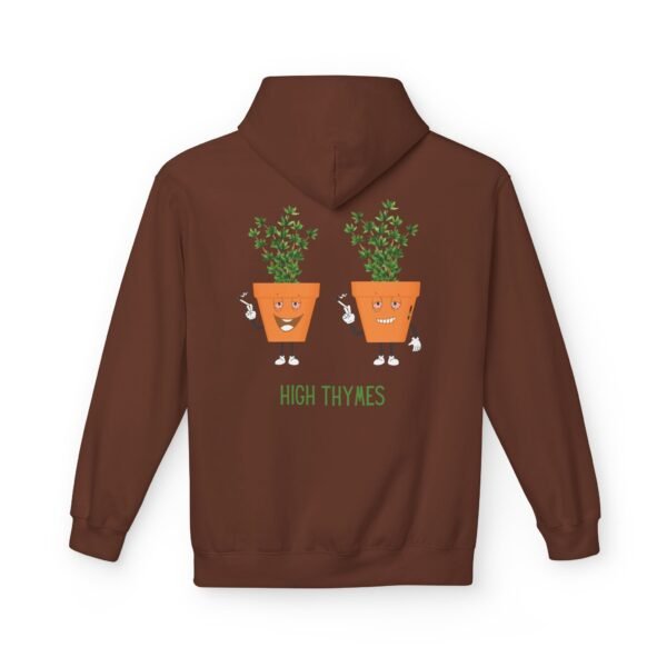 This high thymes hoodie features two thyme plants smoking joints with 'High Thymes' written below in green