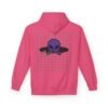 Purple Alien Portal zip up features a purple alien popping out of a black hole smoking a blunt. weed pattern behind alien