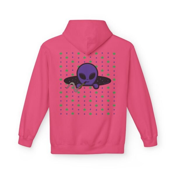 Purple Alien Portal zip up features a purple alien popping out of a black hole smoking a blunt. weed pattern behind alien