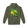 This Lemon Kush hoodie features two weed leaves two lemons standing on boxes squirting lemon juice on weed plants like they are peeing on them. "Lemon Kush is written above the lemons with a green background.