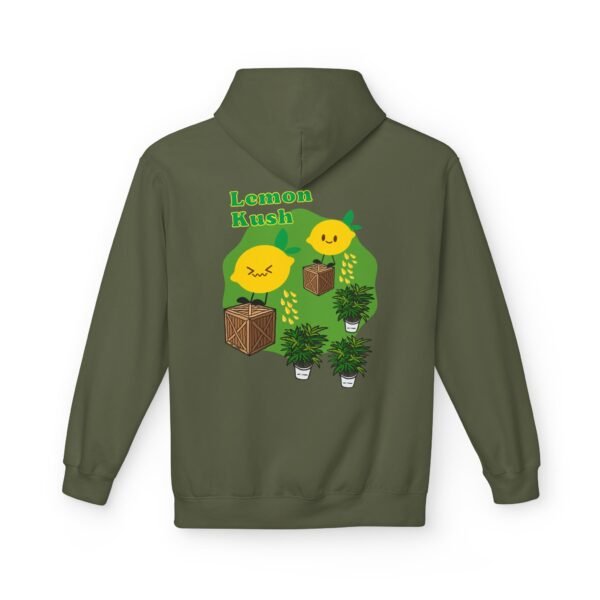 This Lemon Kush hoodie features two weed leaves two lemons standing on boxes squirting lemon juice on weed plants like they are peeing on them. "Lemon Kush is written above the lemons with a green background.