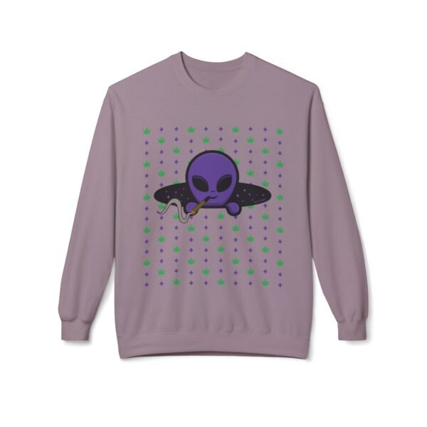 Purple Alien Portal sweatshirt features a purple alien popping out of a black hole smoking a blunt. weed pattern behind alien