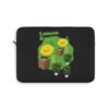 This Lemon Kush laptop sleeve features two weed leaves two lemons standing on boxes squirting lemon juice on weed plants like they are peeing on them. "Lemon Kush is written above the lemons with a green background.